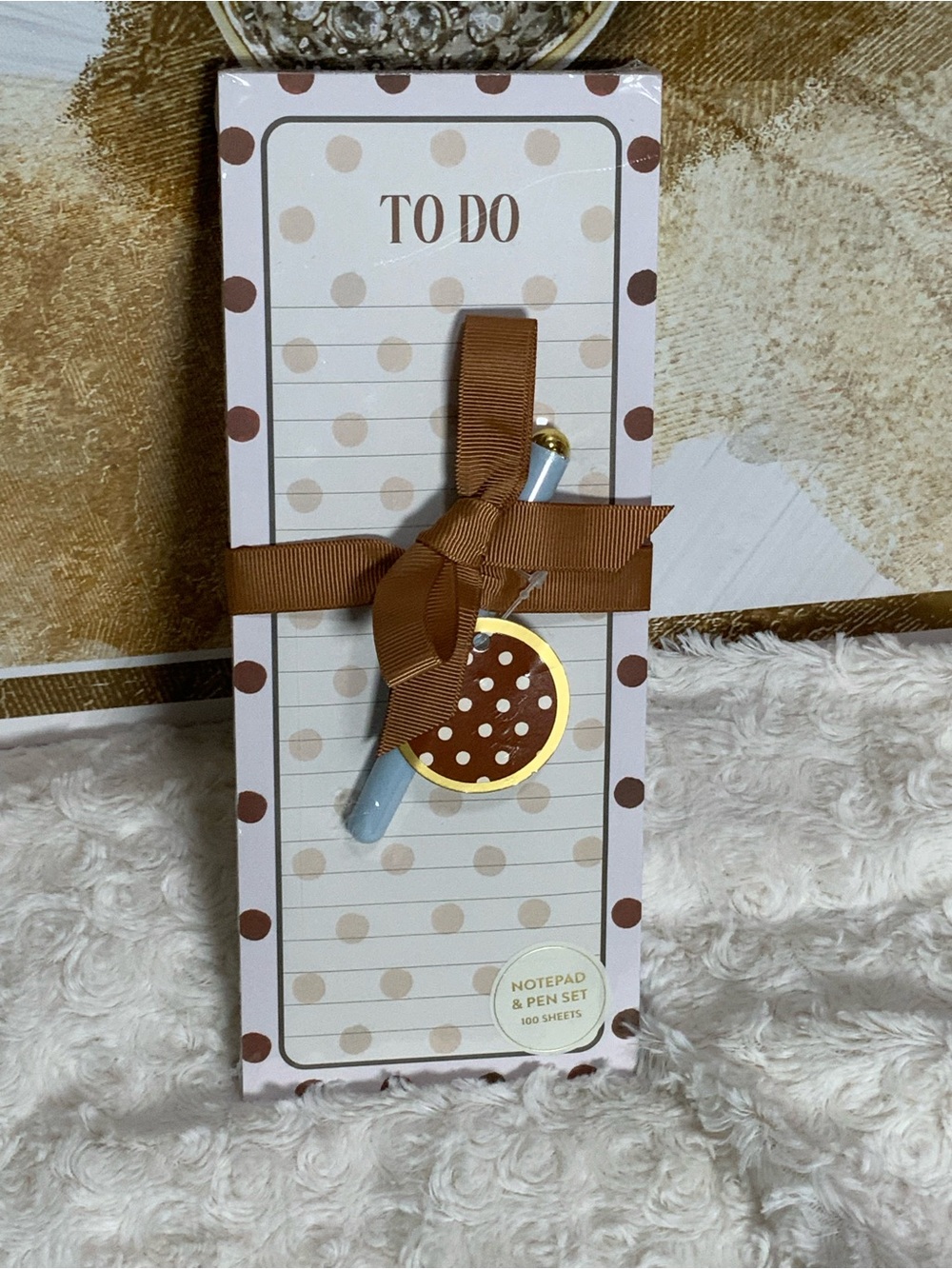 To Do Notepad & Pen Set - Brown Polka Dot